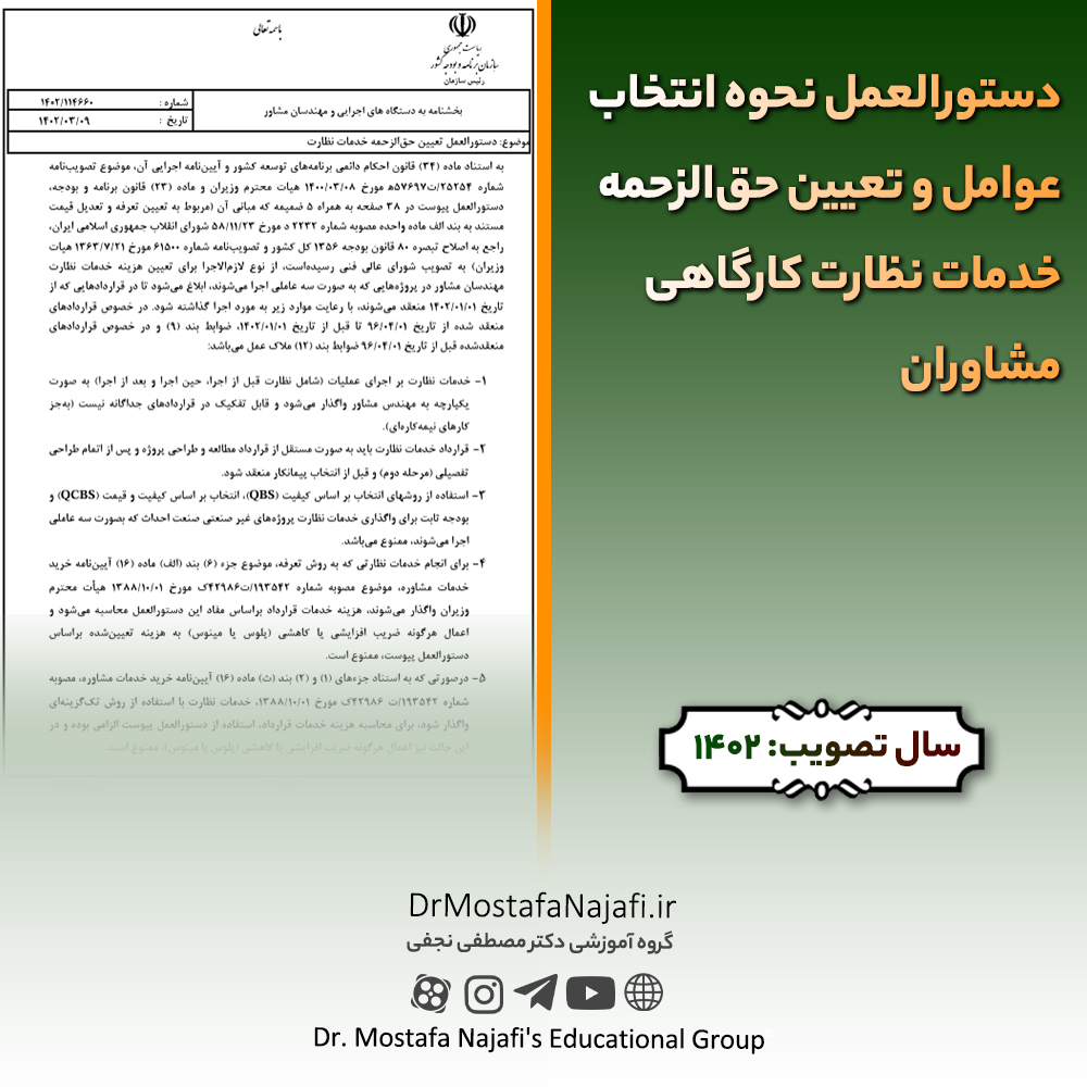 دستورالعمل نحوه انتخاب عوامل و تعیین حقالزحمه خدمات نظارت کارگاهی مشاوران دستورالعمل نحوه انتخاب عوامل و تعیین حقالزحمه خدمات نظارت کارگاهی مشاوران
