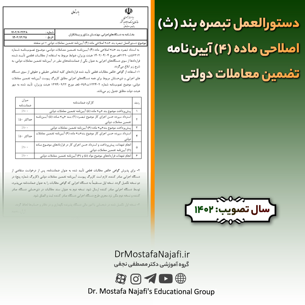 دستورالعمل تبصره بند (ث) اصلاحی ماده (4) آییننامه تضمین معاملات دولتی دستورالعمل تبصره بند (ث) اصلاحی ماده (4) آییننامه تضمین معاملات دولتی