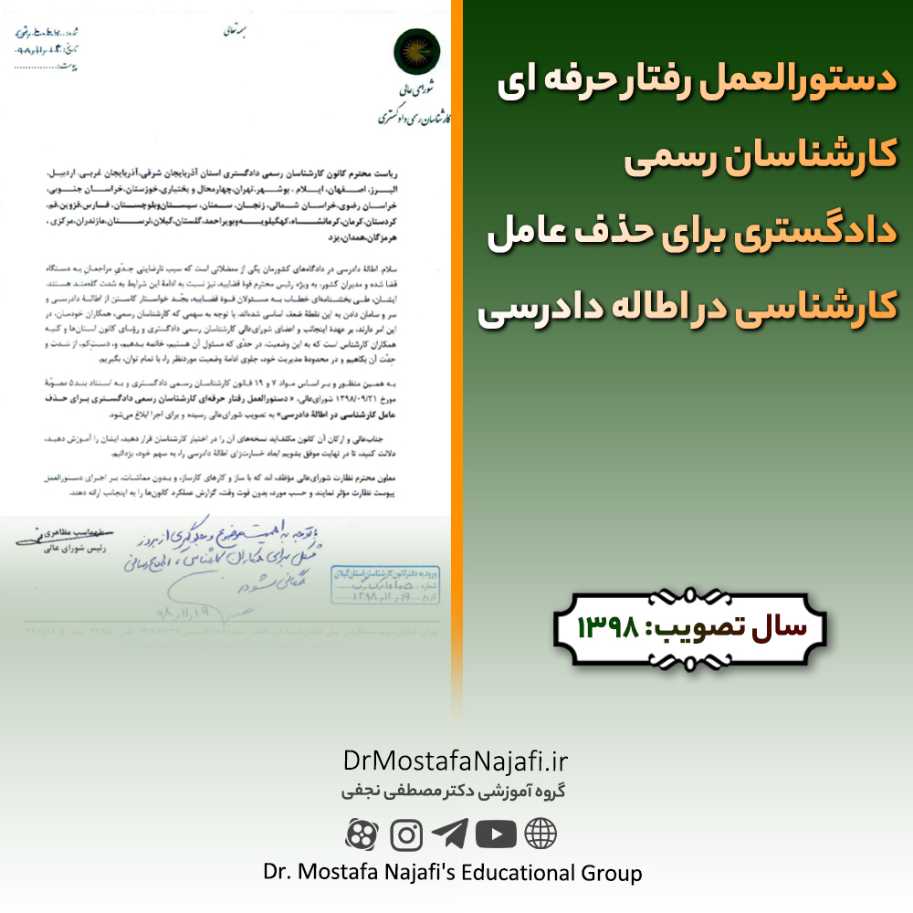 دستورالعمل رفتار حرفه ای کارشناسان رسمی دادگستری برای حذف عامل کارشناسی در اطاله دادرسی دستورالعمل رفتار حرفه ای کارشناسان رسمی دادگستری برای حذف عامل کارشناسی در اطاله دادرسی