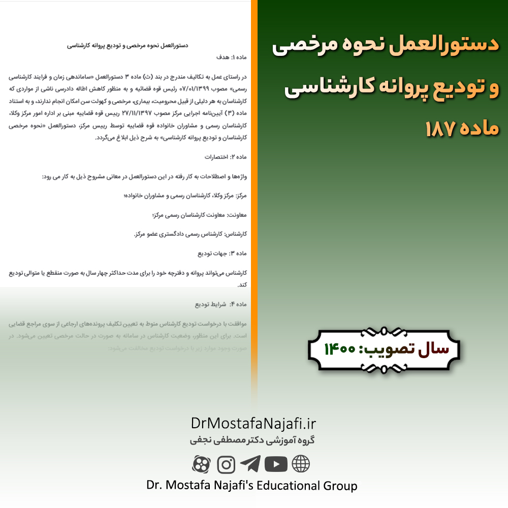 دستورالعمل نحوه مرخصی و تودیع پروانه کارشناسی ماده 187 دستورالعمل نحوه مرخصی و تودیع پروانه کارشناسی ماده 187