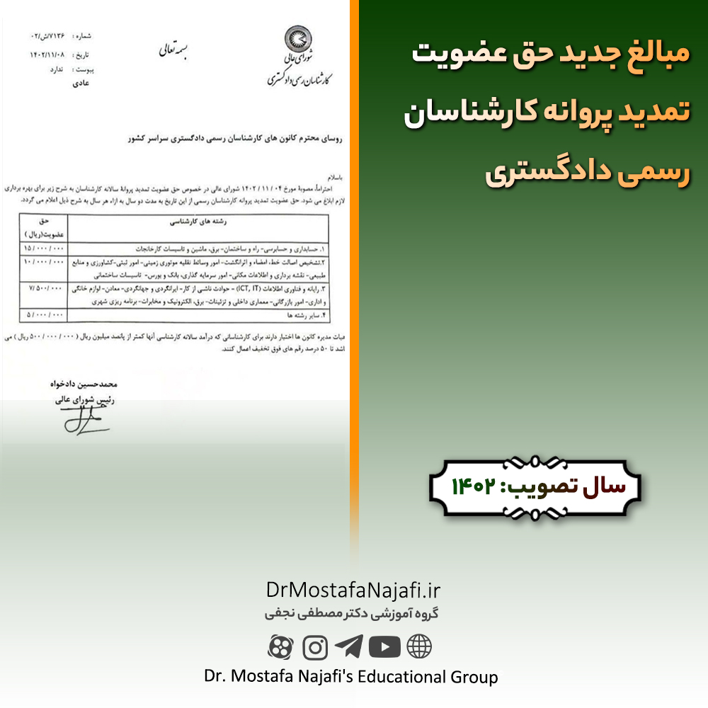مبالغ جدید حق عضویت تمدید پروانه کارشناسان رسمی دادگستری مبالغ جدید حق عضویت تمدید پروانه کارشناسان رسمی دادگستری