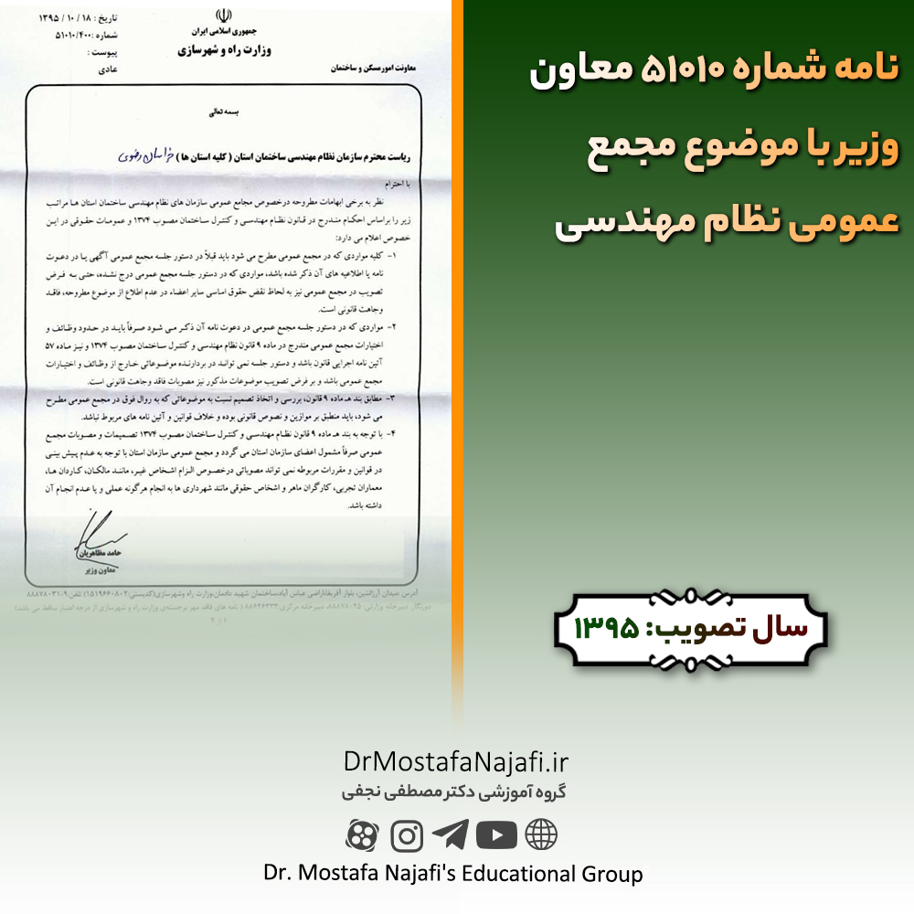 نامه شماره 51010 معاون وزیر با موضوع مجمع عمومی نظام مهندسی
