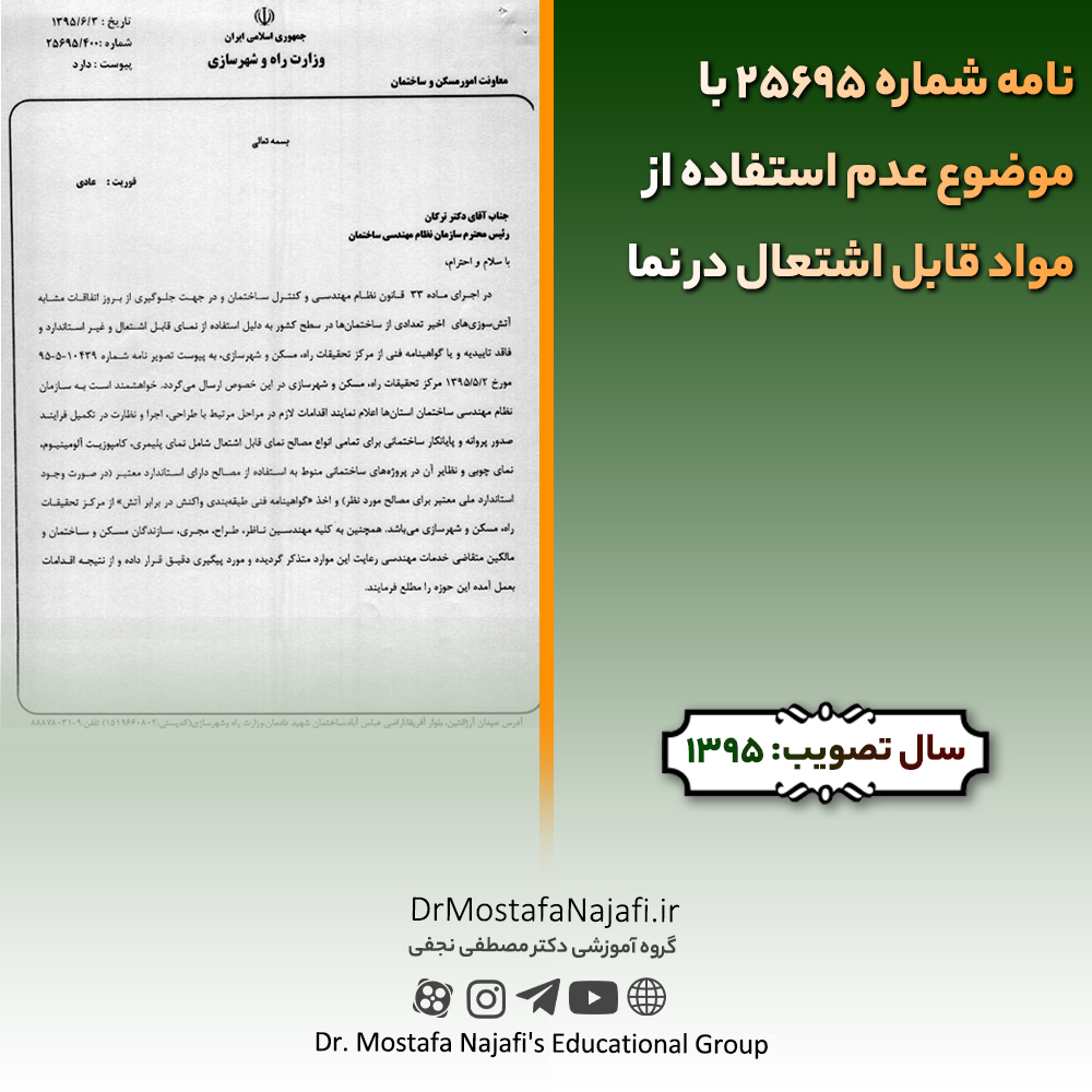 نامه شماره 25695 با موضوع عدم استفاده از مواد قابل اشتعال در نما