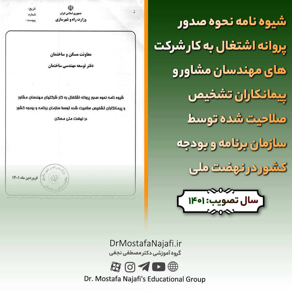 شیوه نامه نحوه صدور پروانه اشتغال به کار شرکت های مهندسان مشاور و پیمانکاران تشخیص صلاحیت شده توسط سازمان برنامه و بودجه کشور در نهضت ملی مسکن