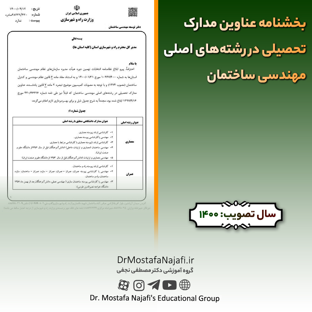 بخشنامه عناوین مدارک تحصیلی در رشته‌های اصلی مهندسی ساختمان