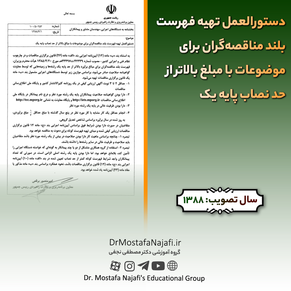 دستورالعمل تهیه فهرست بلند مناقصهگران برای موضوعات با مبلغ بالاتر از حد نصاب پایه یک دستورالعمل تهیه فهرست بلند مناقصهگران برای موضوعات با مبلغ بالاتر از حد نصاب پایه یک