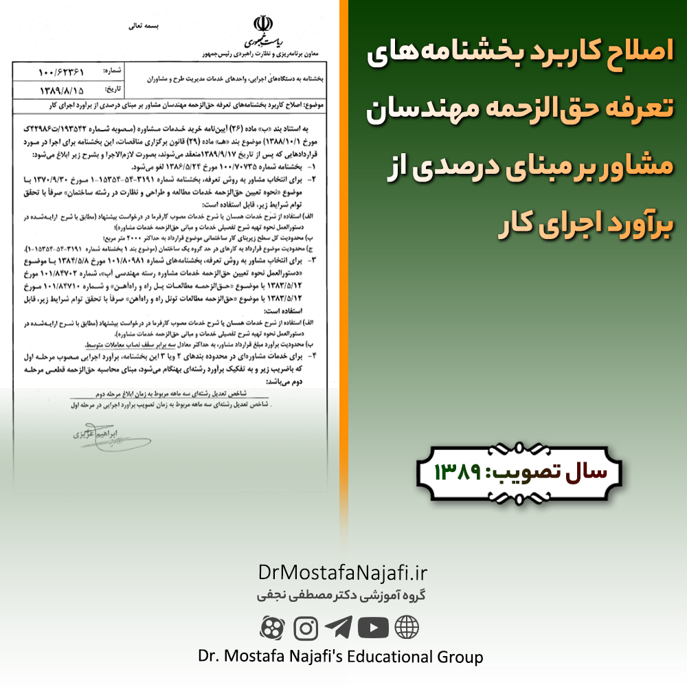 اصلاح کاربرد بخشنامههای تعرفه حقالزحمه مهندسان مشاور بر مبنای درصدی از برآورد اجرای کار اصلاح کاربرد بخشنامههای تعرفه حقالزحمه مهندسان مشاور بر مبنای درصدی از برآورد اجرای کار