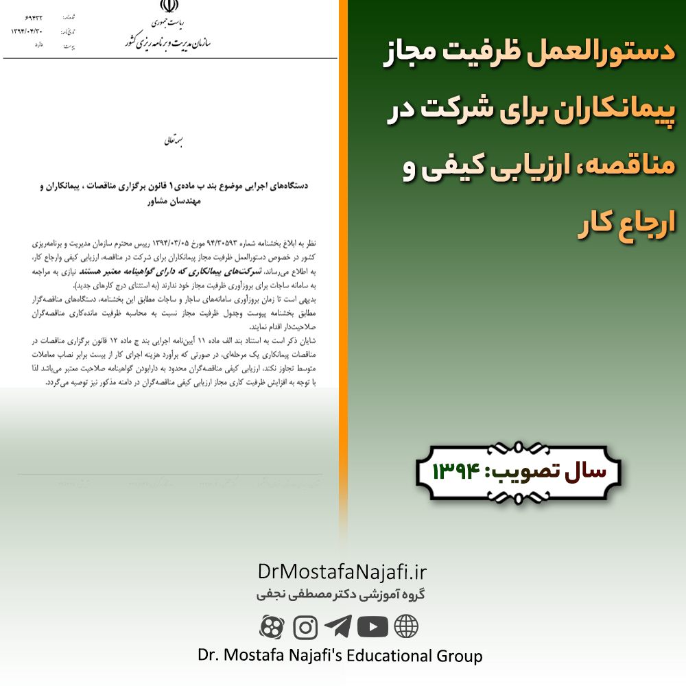 دستورالعمل ظرفیت مجاز پیمانکاران برای شرکت در مناقصه، ارزیابی کیفی و ارجاع کار دستورالعمل ظرفيت مجاز پيمانكاران برای شركت در مناقصه، ارزيابی كيفی و ارجاع كار