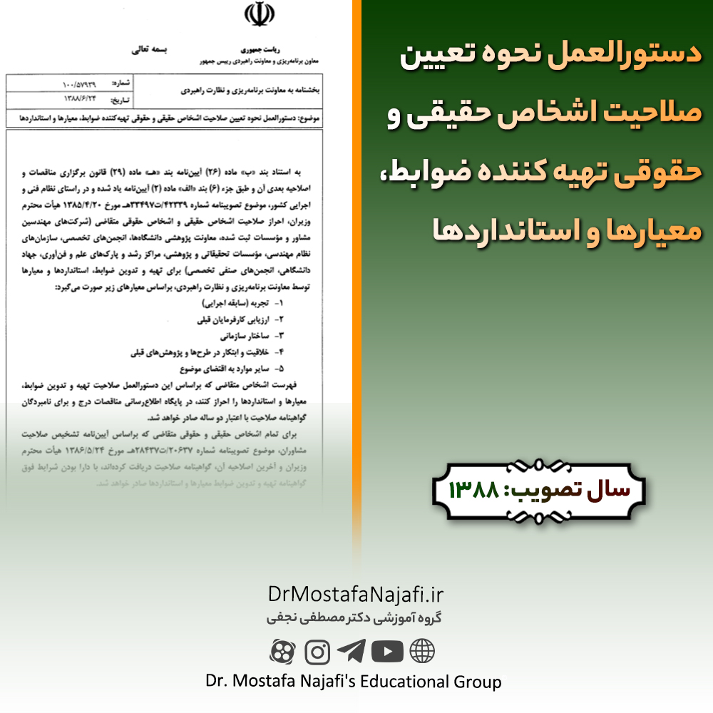 دستورالعمل نحوه تعیین صلاحیت اشخاص حقیقی و حقوقی تهیه کننده ضوابط، معیارها و استانداردها دستورالعمل نحوه تعیین صلاحیت اشخاص حقیقی و حقوقی تهیه کننده ضوابط، معیارها و استانداردها