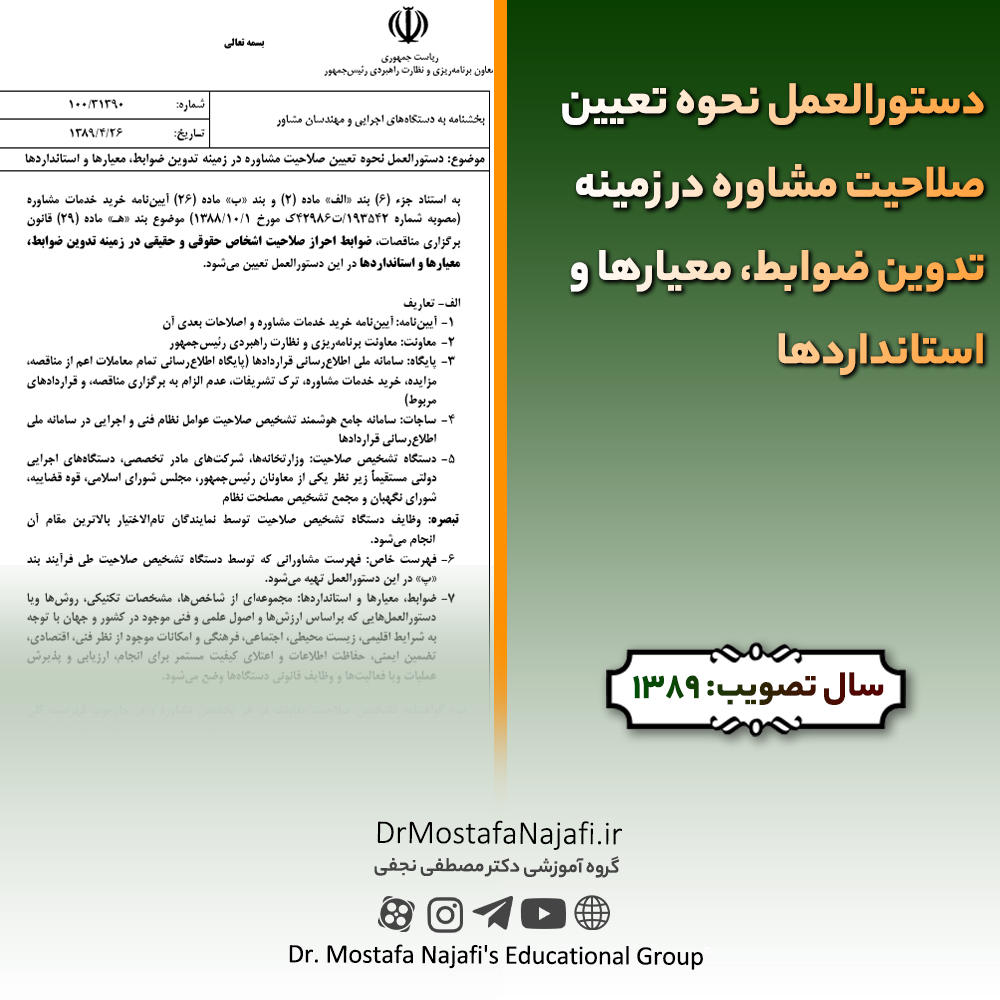دستورالعمل نحوه تعیین صلاحیت مشاوره در زمینه تدوین ضوابط، معیارها و استانداردها دستورالعمل نحوه تعیین صلاحیت مشاوره در زمینه تدوین ضوابط، معیارها و استانداردها