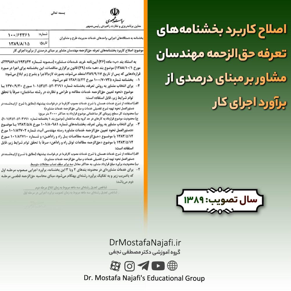 اصلاح کاربرد بخشنامههای تعرفه حقالزحمه مهندسان مشاور بر مبنای درصدی از برآورد اجرای کار اصلاح کاربرد بخشنامههای تعرفه حقالزحمه مهندسان مشاور بر مبنای درصدی از برآورد اجرای کار