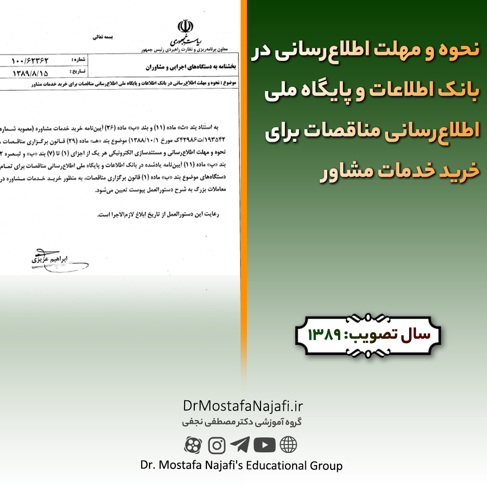 نحوه و مهلت اطلاعرسانی در بانک اطلاعات و پایگاه ملی اطلاعرسانی مناقصات برای خرید خدمات مشاور نحوه و مهلت اطلاعرسانی در بانک اطلاعات و پایگاه ملی اطلاعرسانی مناقصات برای خرید خدمات مشاور