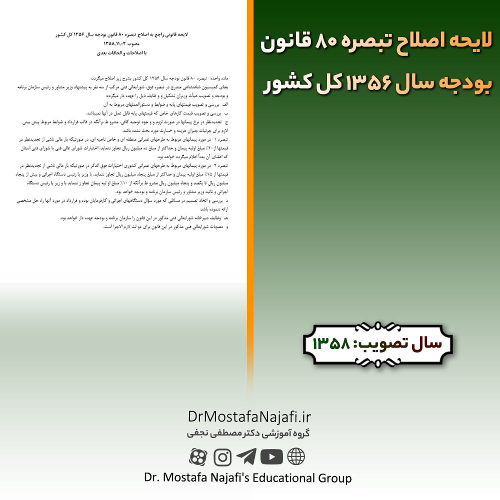 لایحه اصلاح تبصره 80 قانون بودجه سال 1356 کل کشور | مصوب سال 1358 لایحه اصلاح تبصره 80 قانون بودجه سال 1356 کل کشور | مصوب سال 1358
