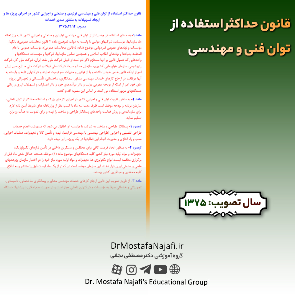قانون حداکثر استفاده از توان فنی و مهندسی | مصوب سال 1375 قانون حداکثر استفاده از توان فنی و مهندسی | مصوب سال 1375
