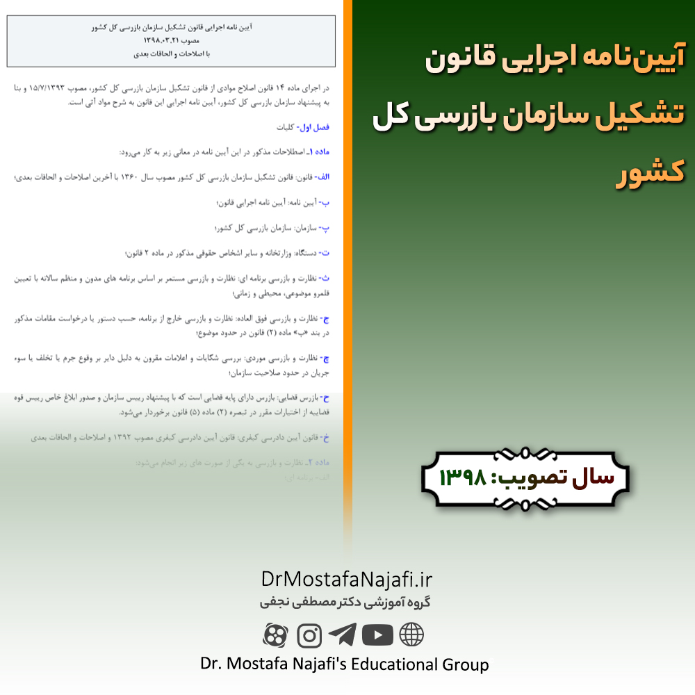 آییننامه اجرایی قانون تشکیل سازمان بازرسی کل کشور | مصوب سال 1398 آييننامه اجرايی قانون تشكيل سازمان بازرسی كل كشور | مصوب سال 1398