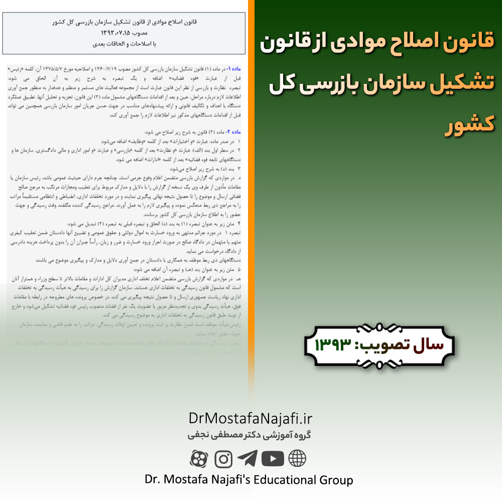 قانون اصلاح موادی از قانون تشکیل سازمان بازرسی کل کشور | مصوب سال 1393 قانون اصلاح موادی از قانون تشکیل سازمان بازرسی کل کشور | مصوب سال 1393