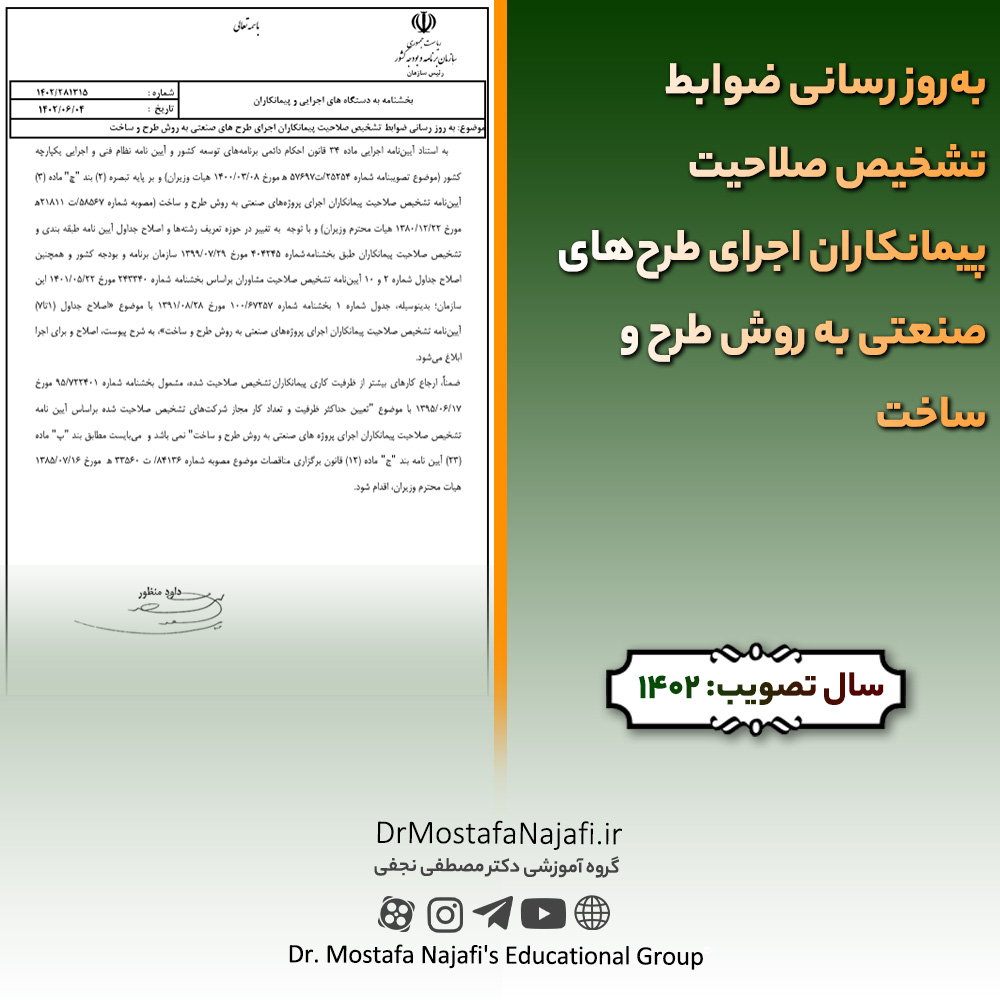 به‌روز رسانی ضوابط تشخيص صلاحيت پيمانكاران اجرای طرح‌های صنعتی به روش طرح و ساخت | مصوب سال 1402