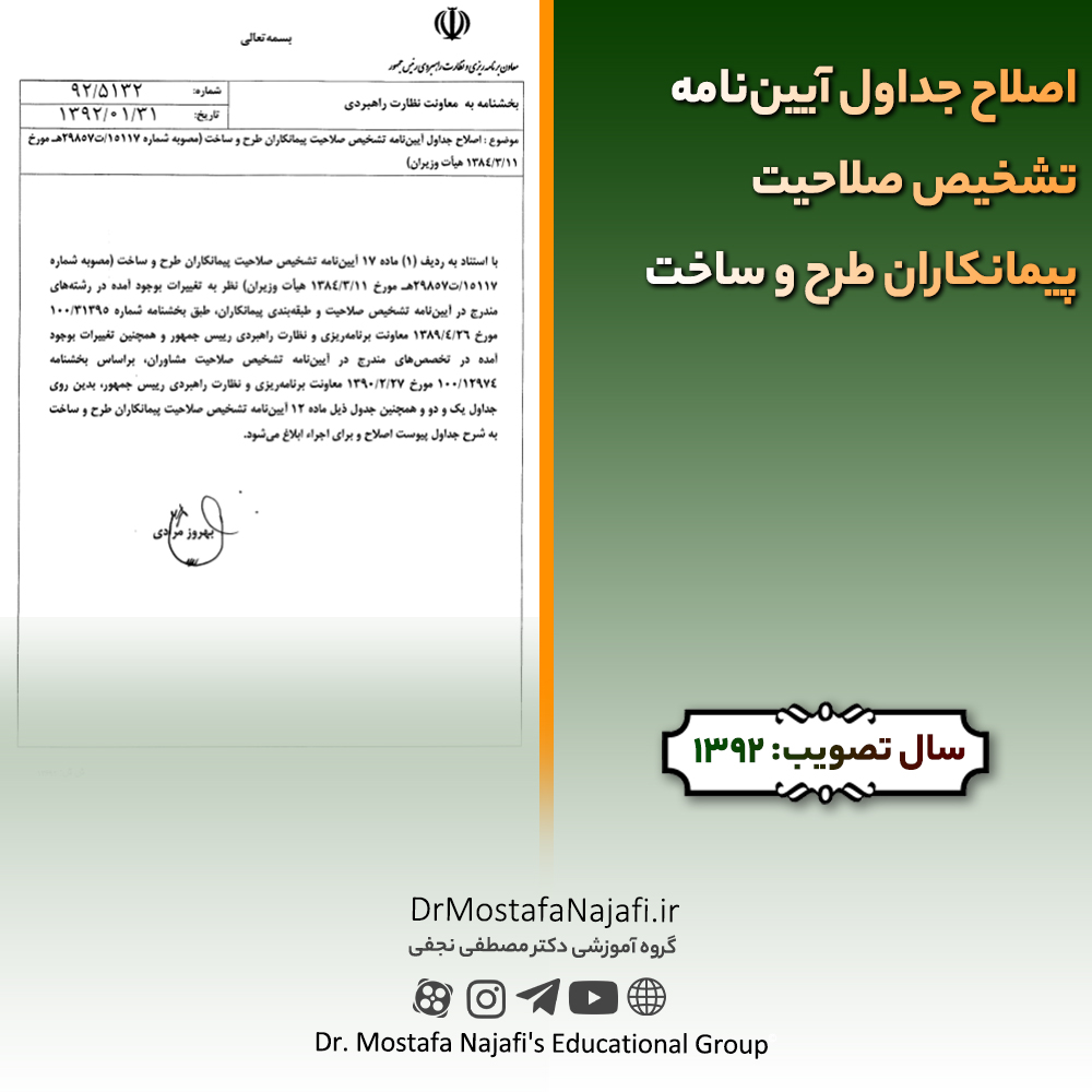 اصلاح جداول آیین‌نامه تشخیص صلاحیت پیمانکاران طرح و ساخت | مصول سال 1392