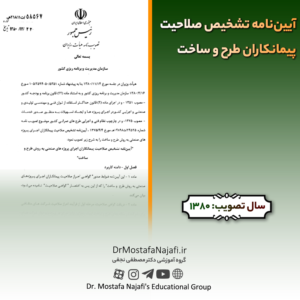 آیین‌نامه تشخیص صلاحیت پیمانکاران طرح و ساخت | مصوب سال 1380