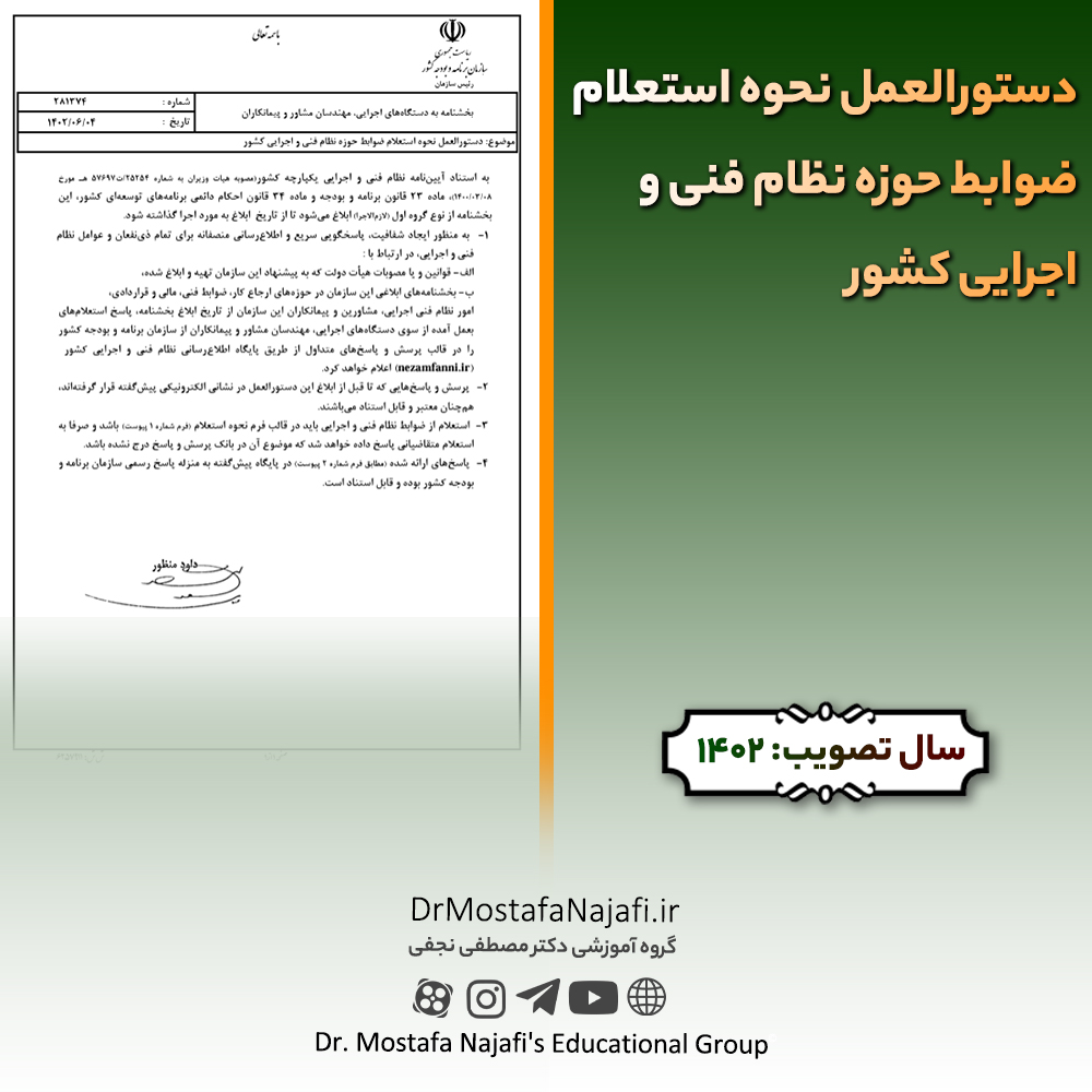 دستورالعمل نحوه استعلام ضوابط حوزه نظام فنی و اجرایی کشور | مصوب سال 1402 دستورالعمل نحوه استعلام ضوابط حوزه نظام فنی و اجرايی کشور | مصوب سال 1402