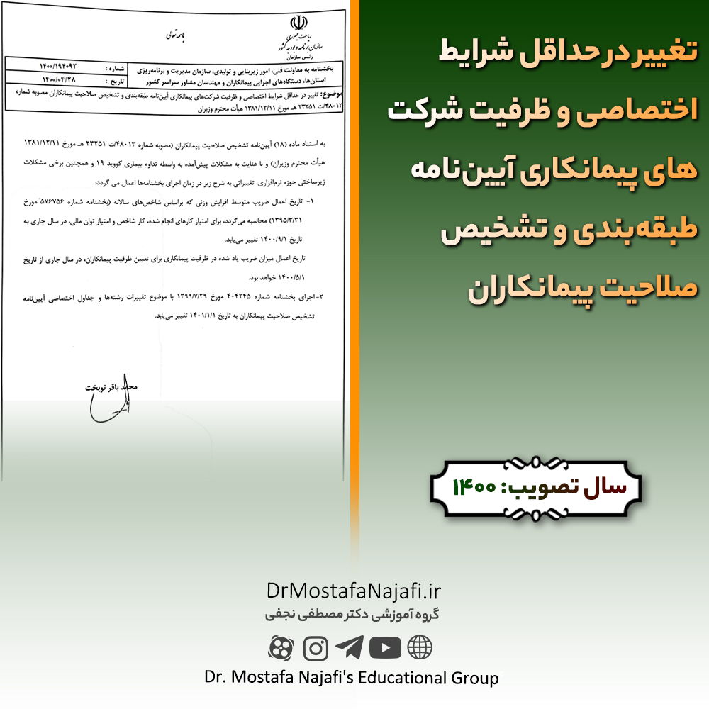 تغيير در حداقل شرايط اختصاصی و ظرفيت شركت‌های پيمانكاری آيين‌نامه طبقه‌بندی و تشخيص صلاحيت پيمانكاران | مصوب سال 1400