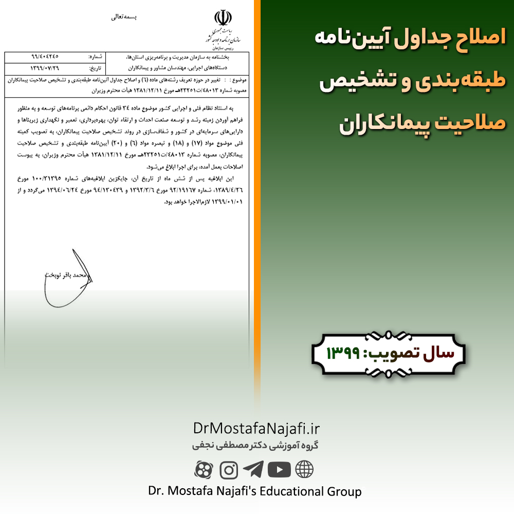 اصلاح جداول آیین‌نامه طبقه‌بندی و تشخیص صلاحیت پیمانکاران | مصوب سال 1399