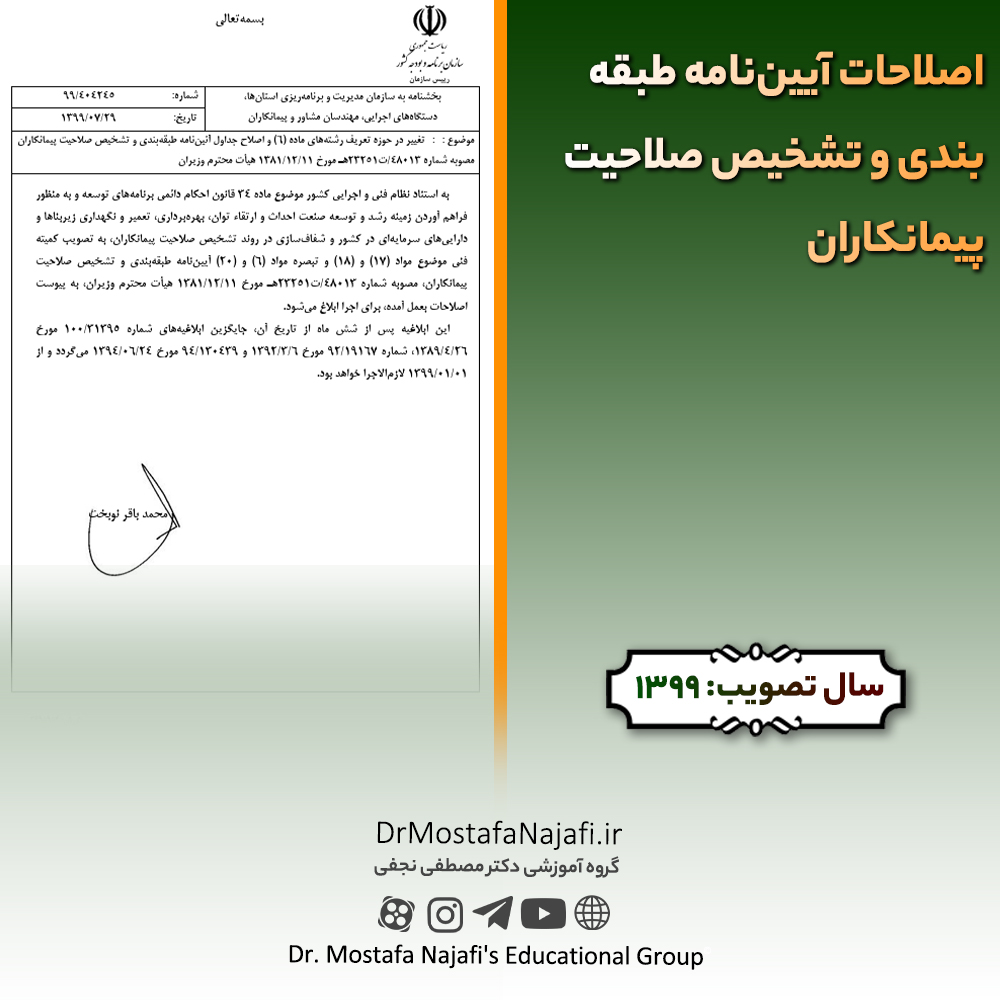 اصلاحات آيين‌نامه طبقه‌بندی و تشخيص صلاحيت پيمانكاران | مصوب سال 1399
