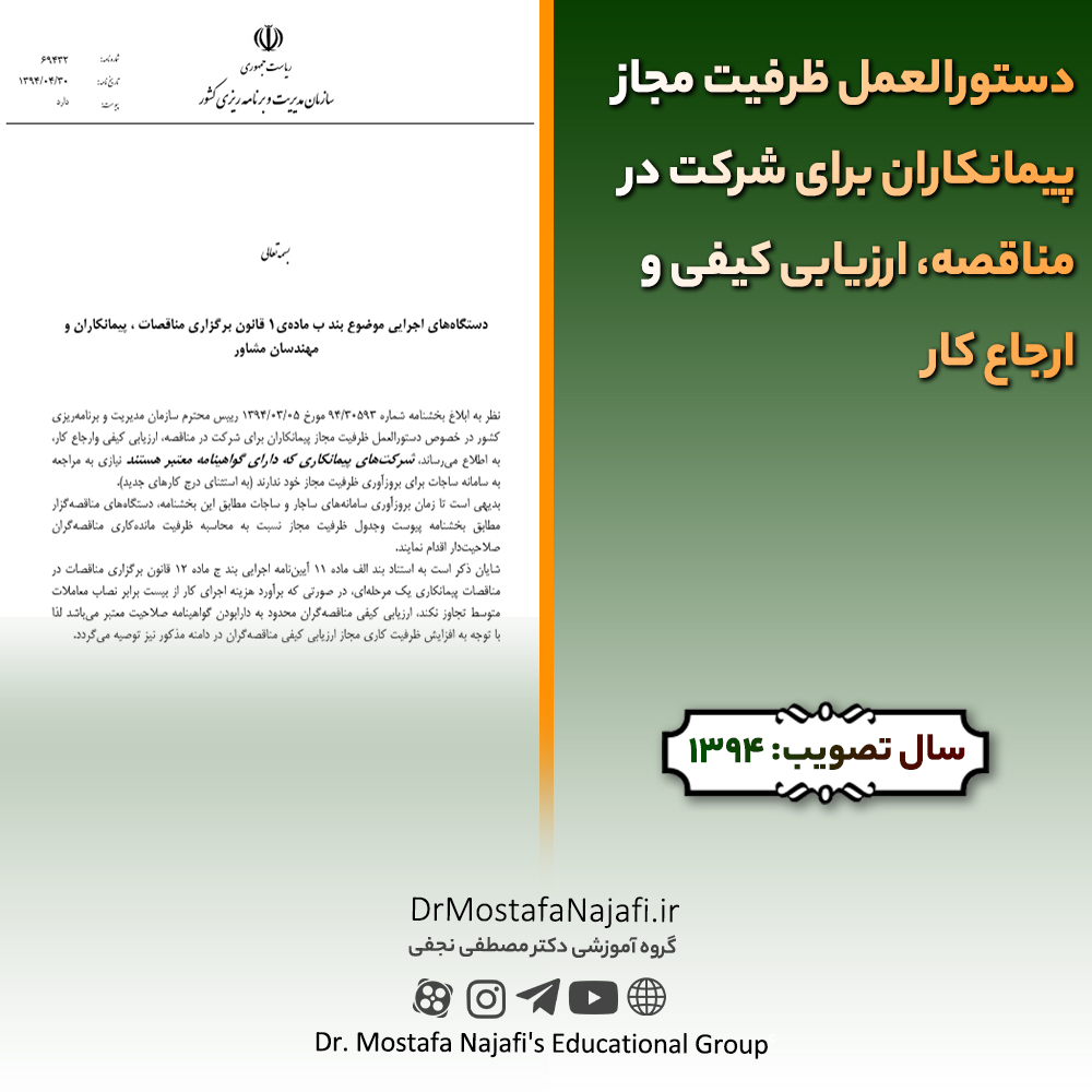 دستورالعمل ظرفیت مجاز پیمانكاران برای شركت در مناقصه، ارزیابی كیفی و ارجاع كار | مصوب سال 1394