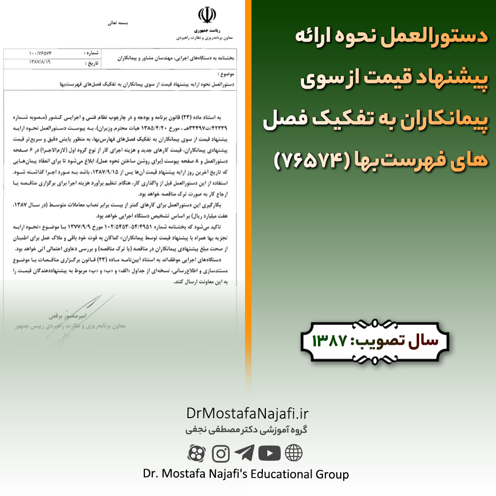 دستورالعمل نحوه ارائه پیشنهاد قیمت از سوی پیمانکاران به تفکیک فصل‌های فهرست‌بها (76574) | مصوب سال 1387