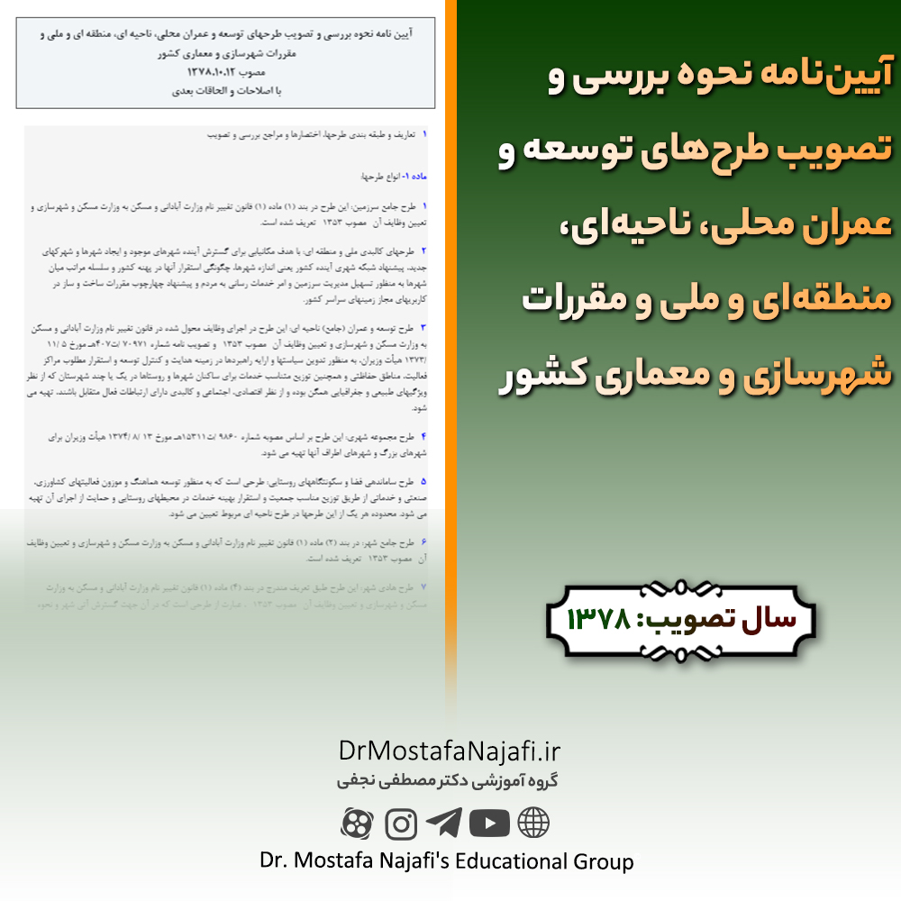 آییننامه نحوه بررسی و تصویب طرحهای توسعه و عمران محلی، ناحیهای، منطقهای و ملی و مقررات شهرسازی و معماری کشور | مصوب سال 1378 آییننامه نحوه بررسی و تصویب طرحهای توسعه و عمران محلی، ناحیهای، منطقهای و ملی و مقررات شهرسازی و معماری کشور | مصوب سال 1378