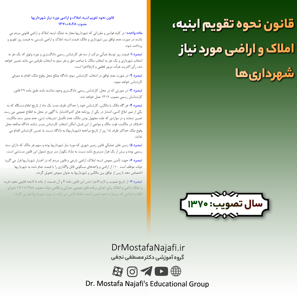 قانون نحوه تقویم ابنیه، املاک و اراضی مورد نیاز شهرداریها | مصوب سال 1370 قانون نحوه تقويم ابنيه، املاک و اراضی مورد نياز شهرداریها | مصوب سال 1370