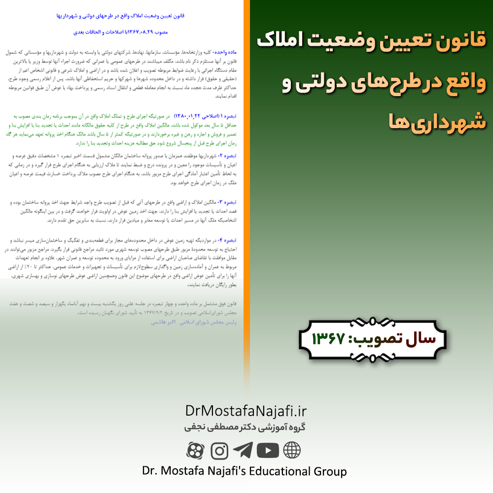 قانون تعیین وضعیت املاک واقع در طرحهای دولتی و شهرداریها | مصوب سال 1367 قانون تعيين وضعيت املاک واقع در طرحهای دولتی و شهرداریها | مصوب سال 1367
