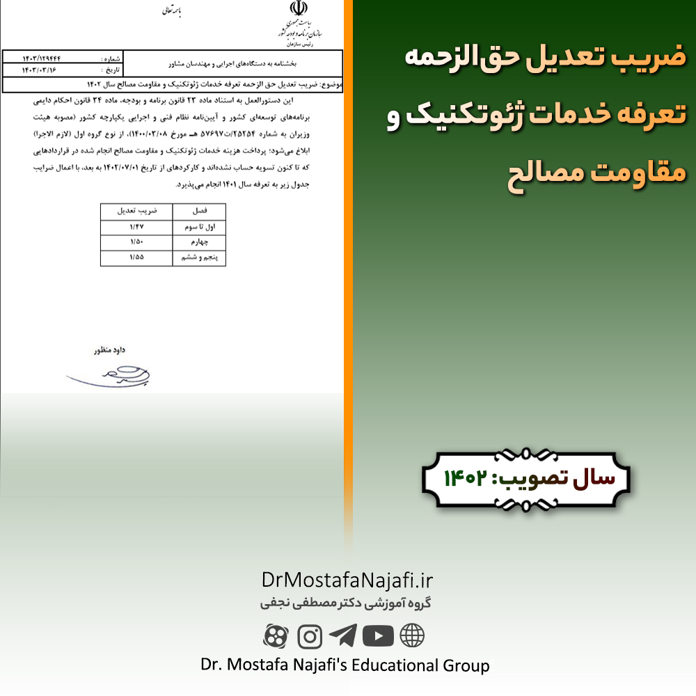ضریب تعدیل حقالزحمه تعرفه خدمات ژئوتکنیک و مقاومت مصالح سال 1402 ضريب تعديل حقالزحمه تعرفه خدمات ژئوتكنيک و مقاومت مصالح سال 1402