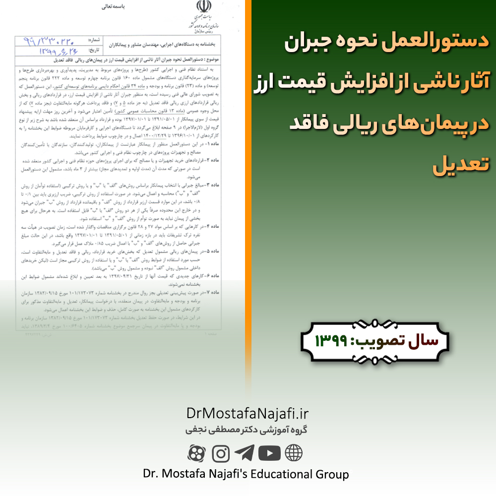 دستورالعمل نحوه جبران آثار ناشی از افزایش قیمت ارز در پیمانهای ریالی فاقد تعدیل | مصوب سال 1399 دستورالعمل نحوه جبران آثار ناشی از افزایش قیمت ارز در پیمانهای ریالی فاقد تعدیل | مصوب سال 1399