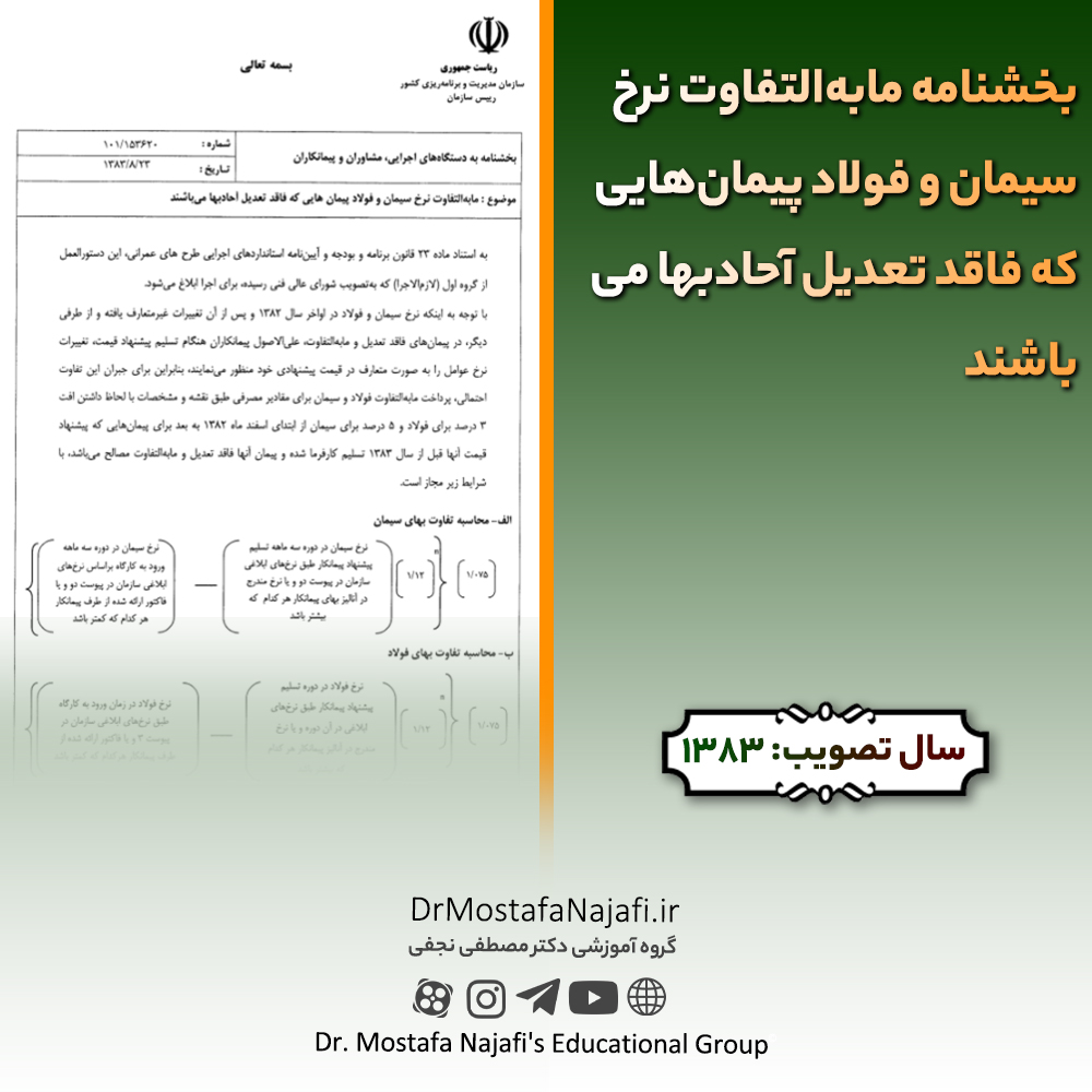 بخشنامه مابه‌التفاوت نرخ سیمان و فولاد پیمان‌هایی که فاقد تعدیل آحادبها می‌باشند | مصوب سال 1383